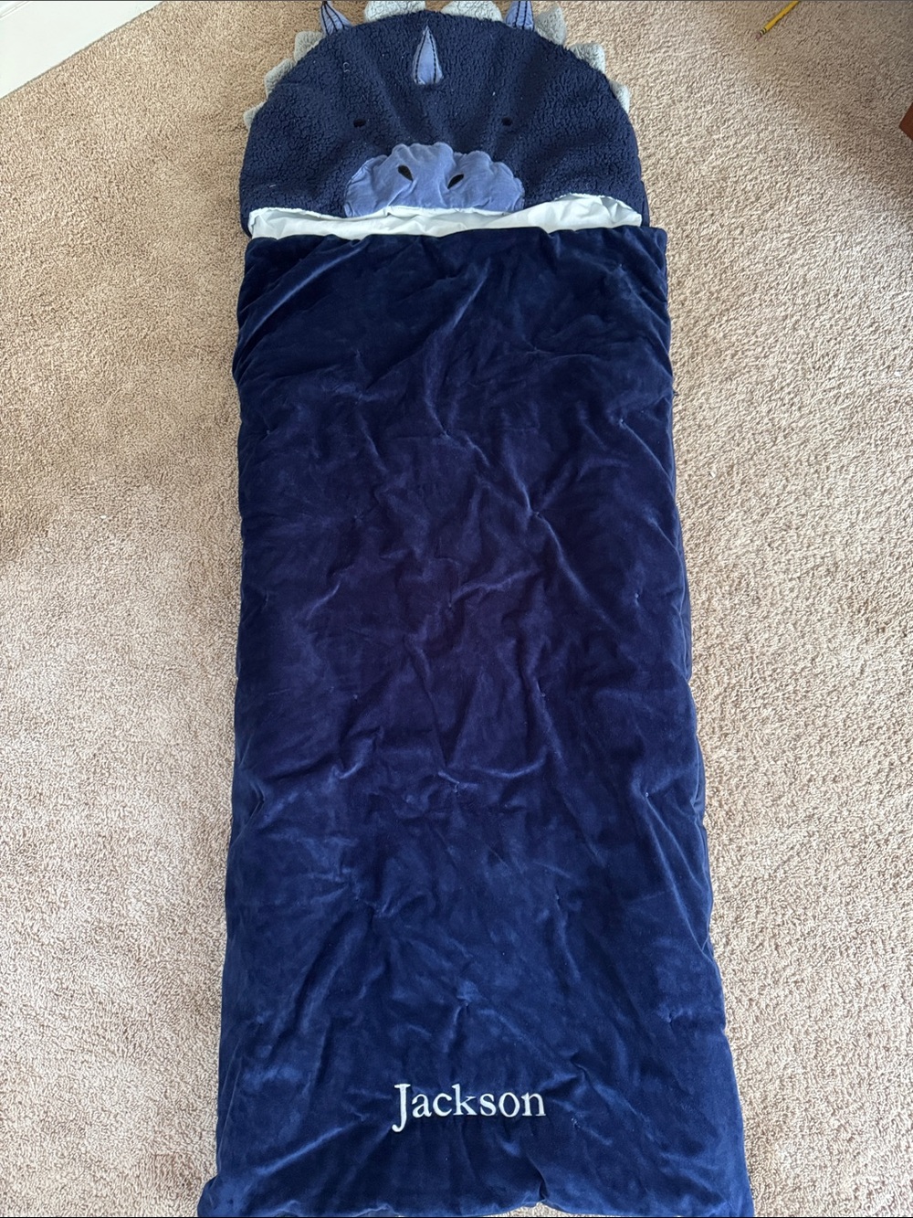 Pottery Barn Navy Blue Kids Sleeping Bag with Dinosaur Hood ( personalized)